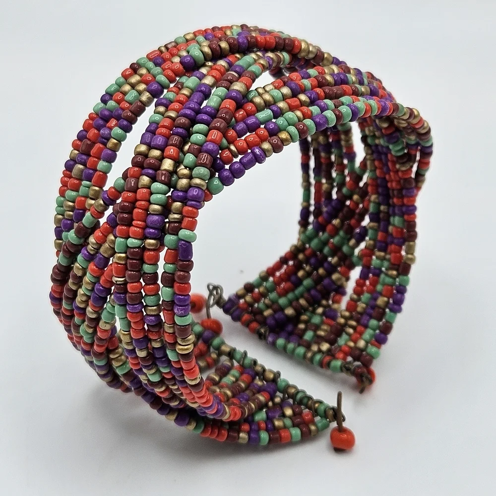 VINTAGE Woven Braided Multicolor Glass Seed Bead Boho Memory Wire Cuff Bracelet